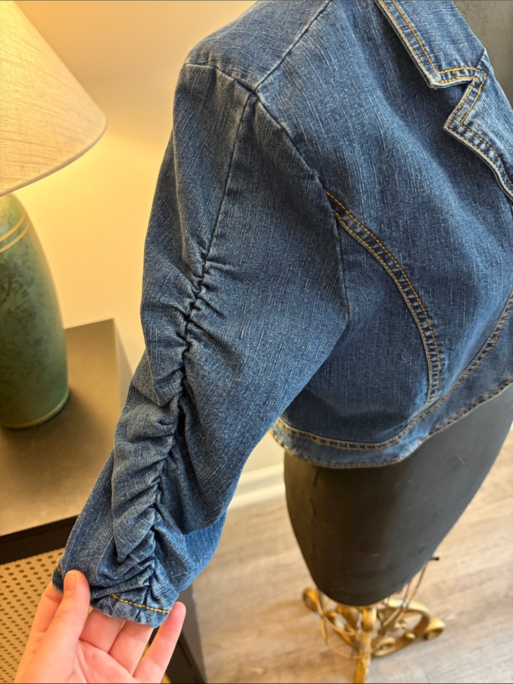 Last Kiss Y2K Indie Cropped OpenFront Denim Jacket XL Ruched Sleeves Alternative - Picture 7 of 15
